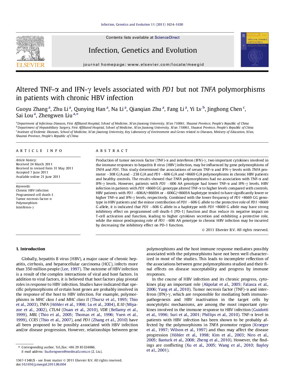 Altered TNF-Î± and IFN-Î³ levels associated with PD1 but not TNFA polymorphisms in patients with chronic HBV infection