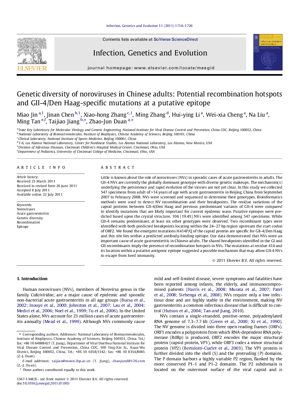 Genetic diversity of noroviruses in Chinese adults: Potential recombination hotspots and GII-4/Den Haag-specific mutations at a putative epitope