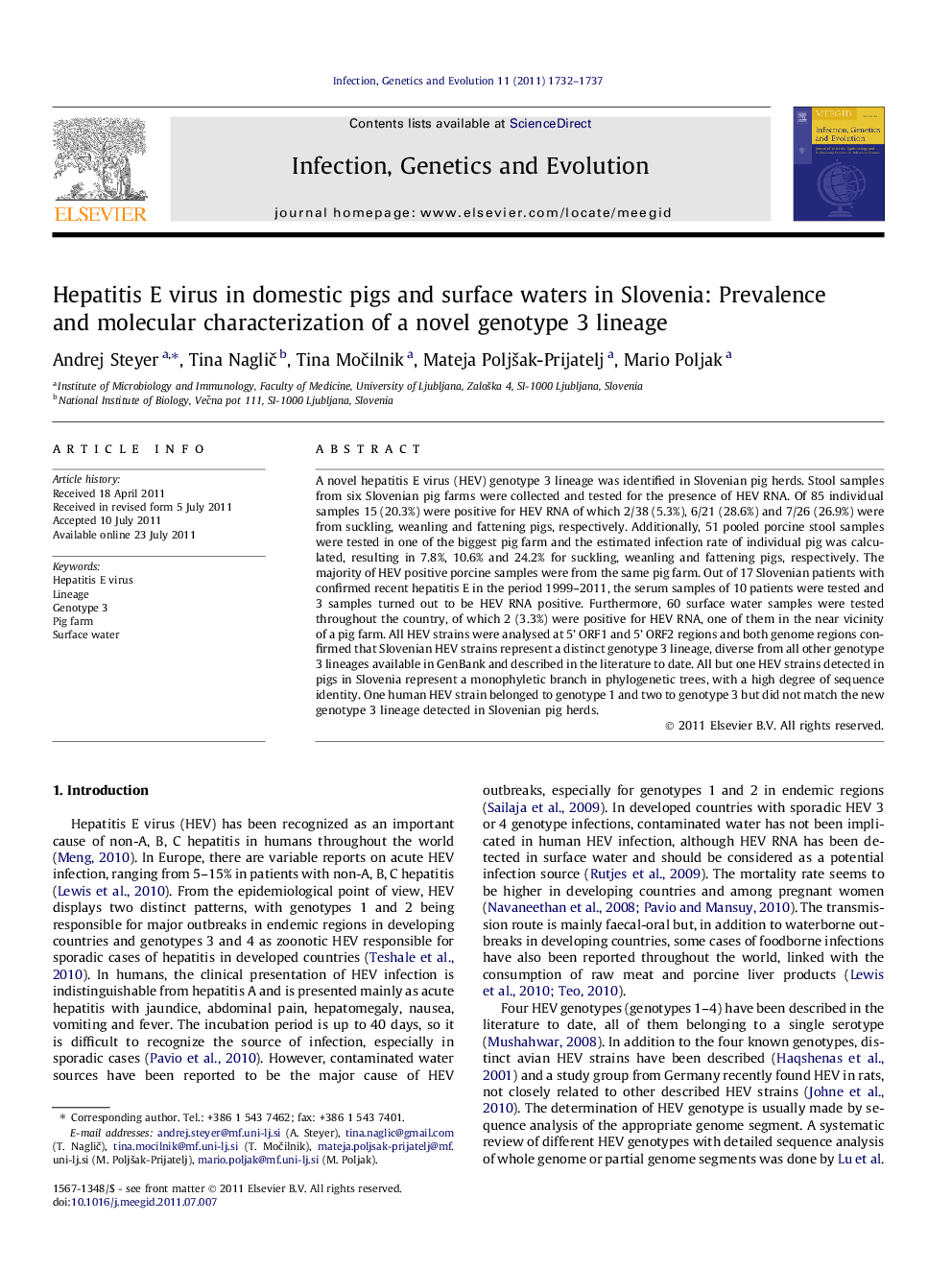 Hepatitis E virus in domestic pigs and surface waters in Slovenia: Prevalence and molecular characterization of a novel genotype 3 lineage