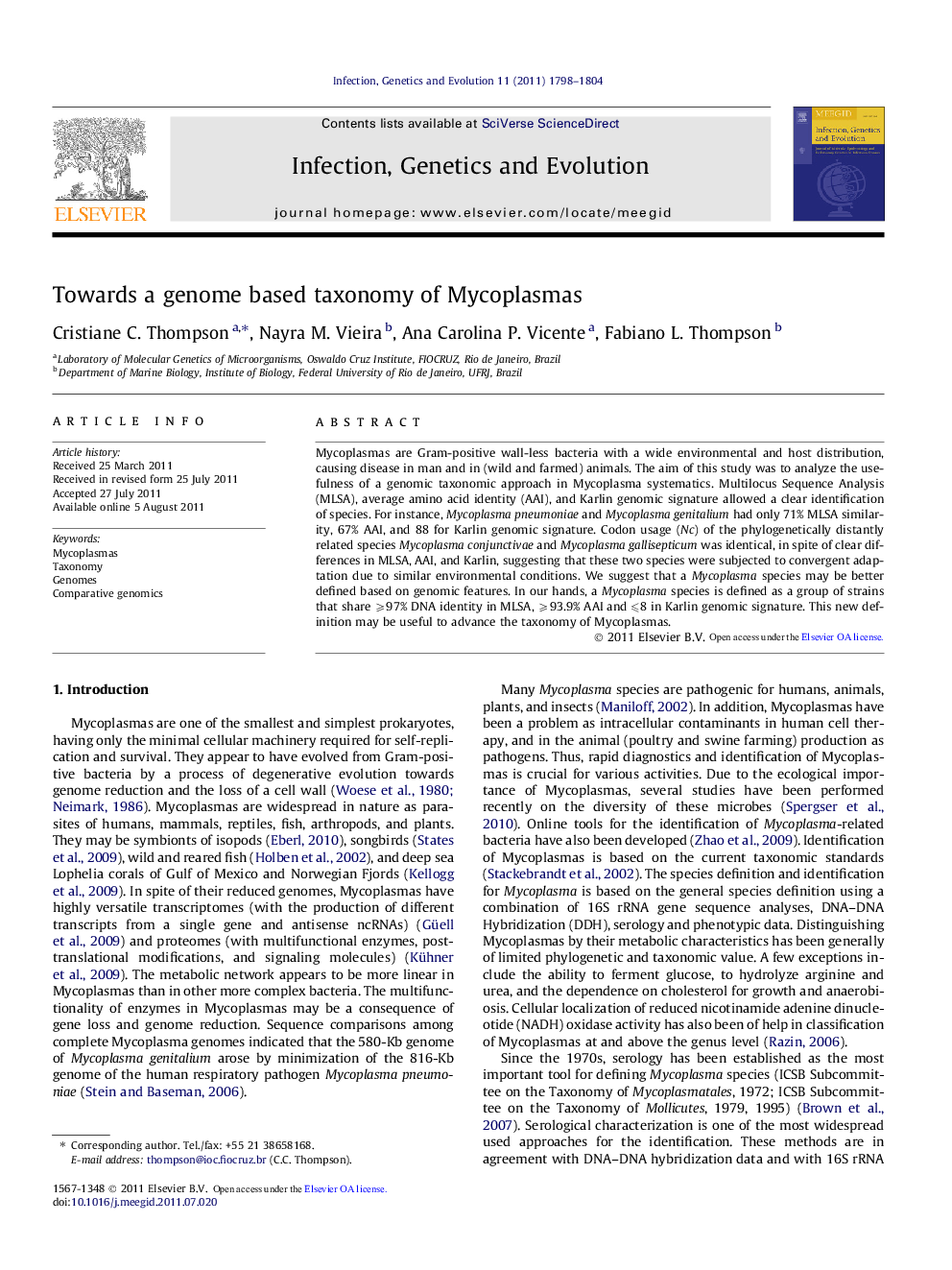 Towards a genome based taxonomy of Mycoplasmas