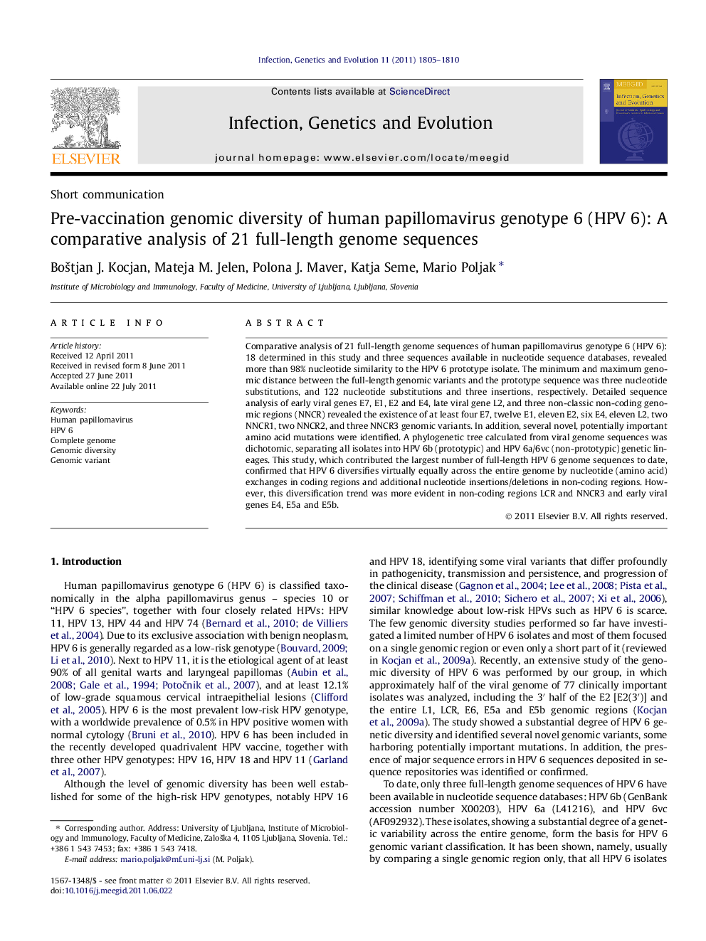 Pre-vaccination genomic diversity of human papillomavirus genotype 6 (HPV 6): A comparative analysis of 21 full-length genome sequences