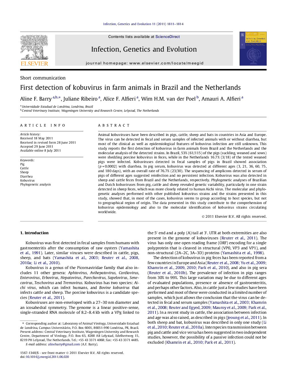 First detection of kobuvirus in farm animals in Brazil and the Netherlands