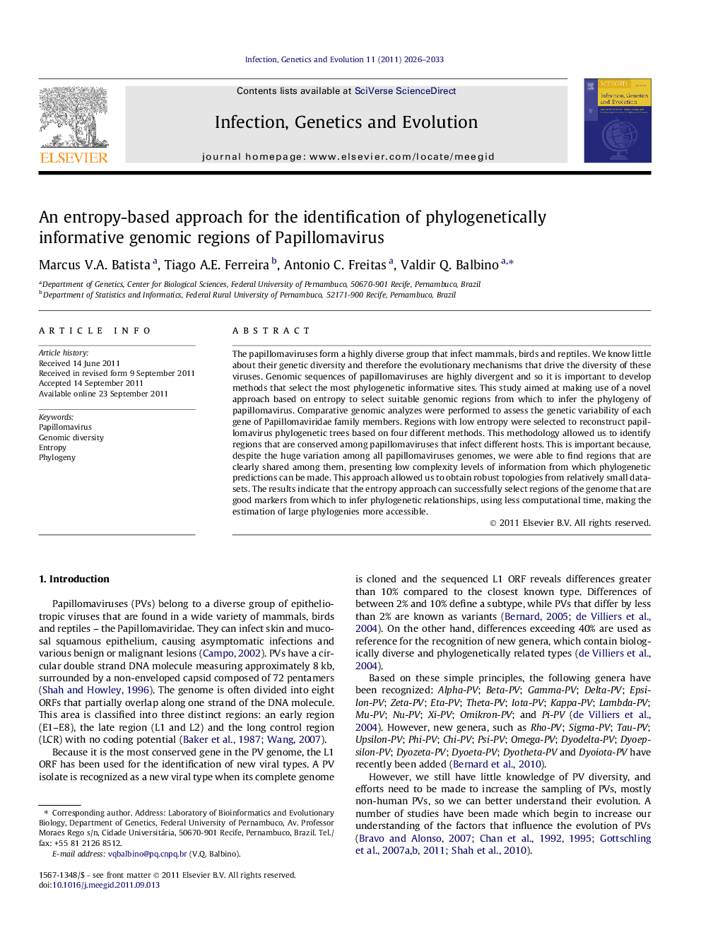 An entropy-based approach for the identification of phylogenetically informative genomic regions of Papillomavirus