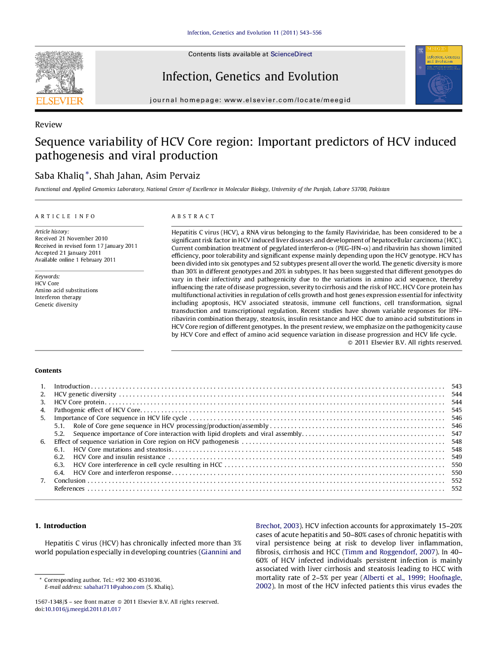 Sequence variability of HCV Core region: Important predictors of HCV induced pathogenesis and viral production