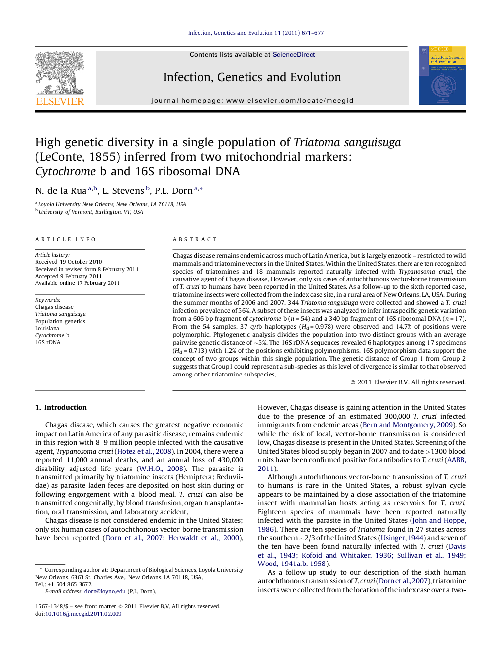 High genetic diversity in a single population of Triatoma sanguisuga (LeConte, 1855) inferred from two mitochondrial markers: Cytochrome b and 16S ribosomal DNA