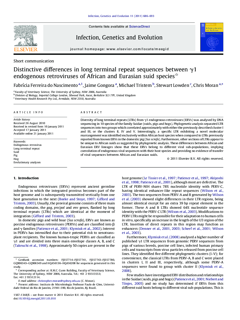 Distinctive differences in long terminal repeat sequences between Î³1 endogenous retroviruses of African and Eurasian suid species