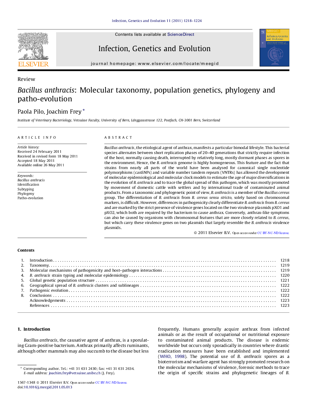 Bacillus anthracis: Molecular taxonomy, population genetics, phylogeny and patho-evolution