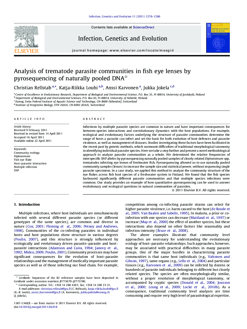 Analysis of trematode parasite communities in fish eye lenses by pyrosequencing of naturally pooled DNA