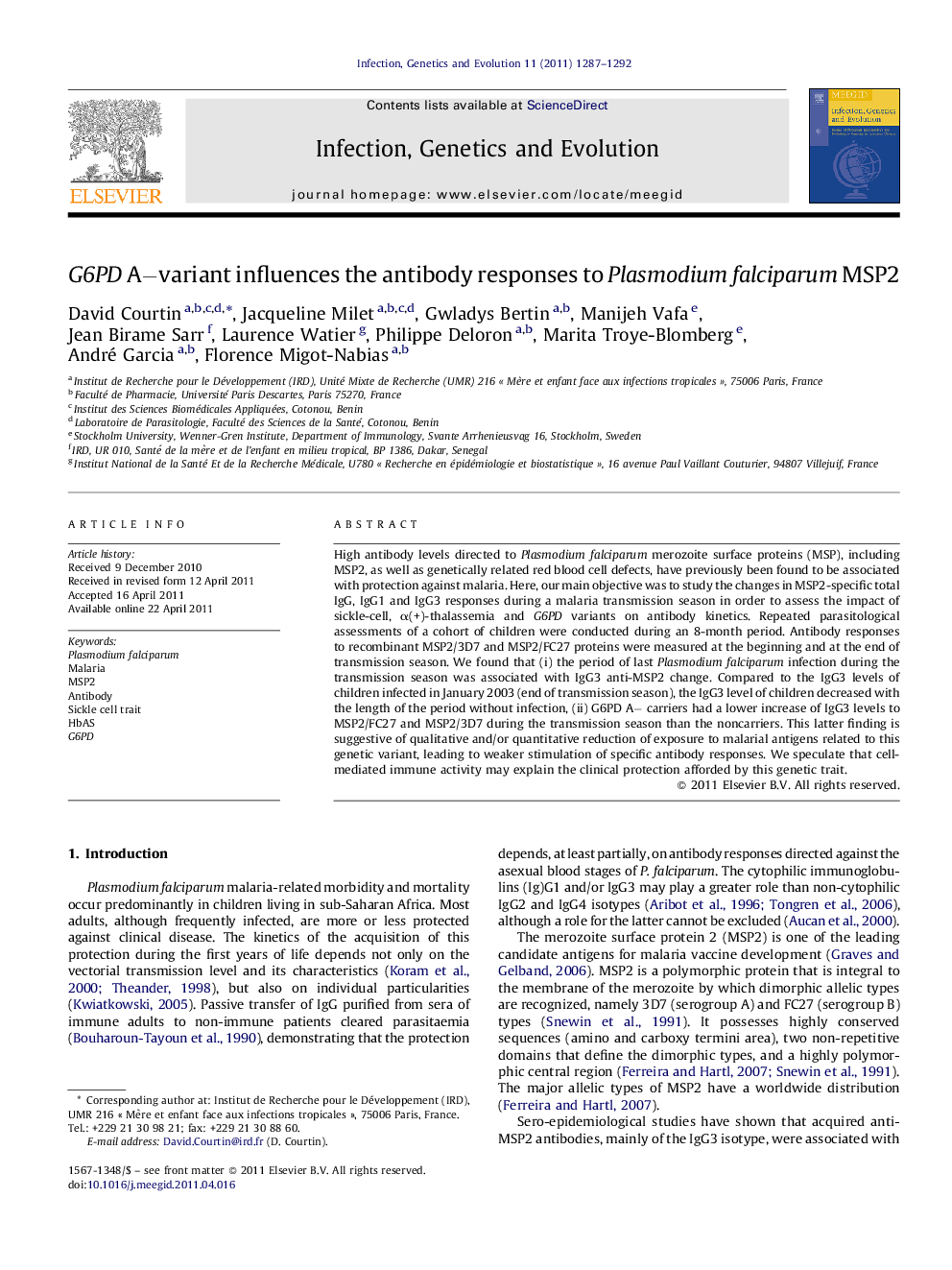 G6PD Aâvariant influences the antibody responses to Plasmodium falciparum MSP2