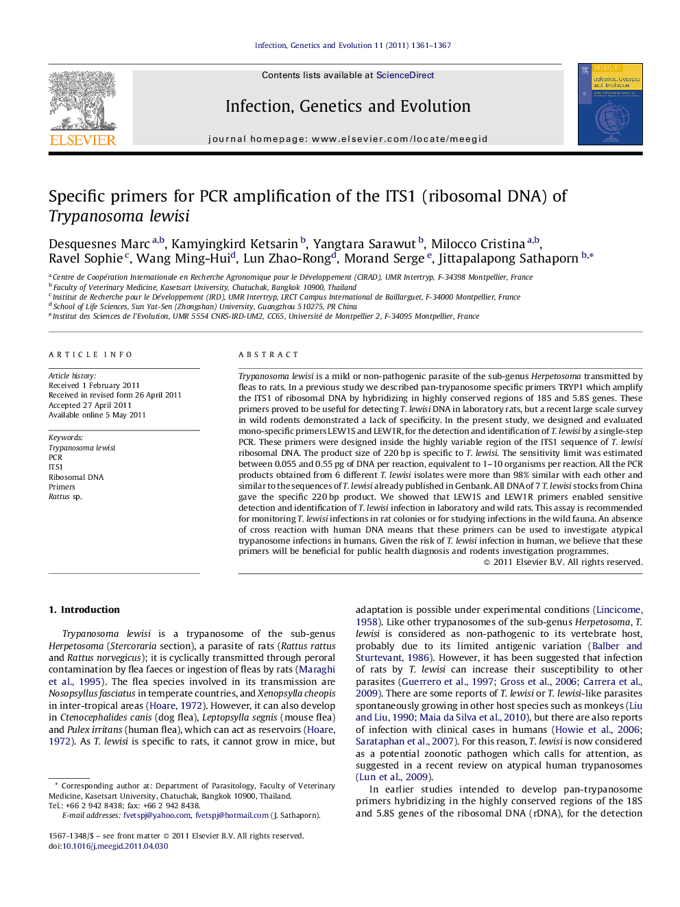 Specific primers for PCR amplification of the ITS1 (ribosomal DNA) of Trypanosoma lewisi