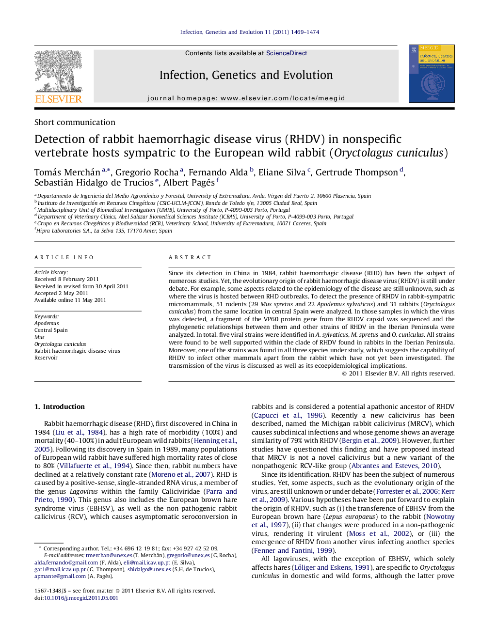 Detection of rabbit haemorrhagic disease virus (RHDV) in nonspecific vertebrate hosts sympatric to the European wild rabbit (Oryctolagus cuniculus)