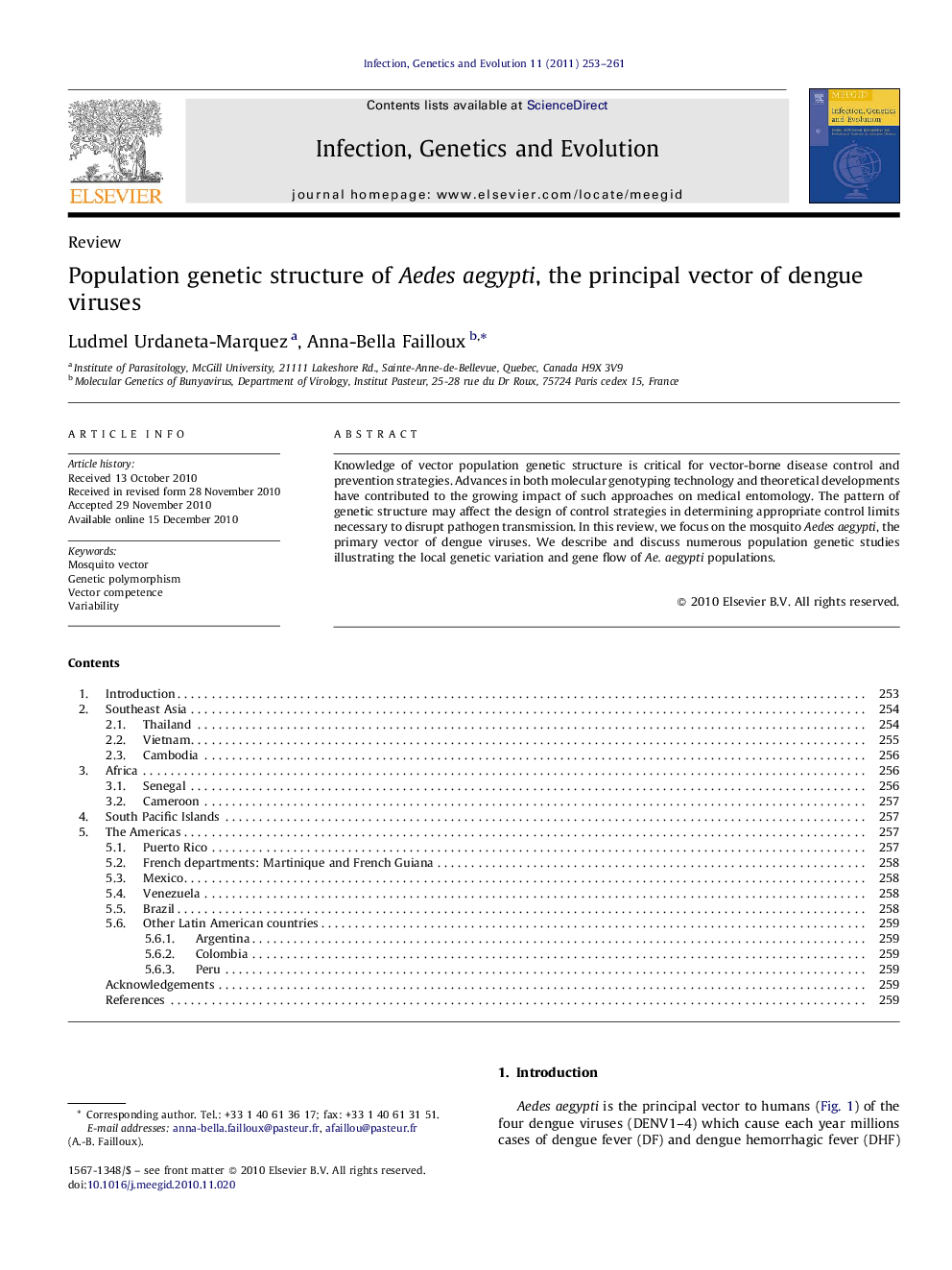 Population genetic structure of Aedes aegypti, the principal vector of dengue viruses