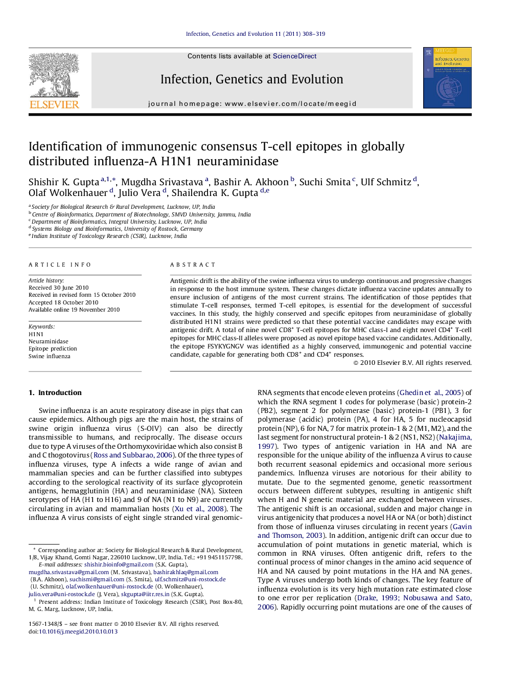 Identification of immunogenic consensus T-cell epitopes in globally distributed influenza-A H1N1 neuraminidase