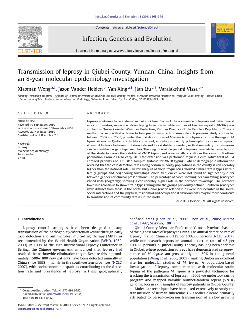 Transmission of leprosy in Qiubei County, Yunnan, China: Insights from an 8-year molecular epidemiology investigation