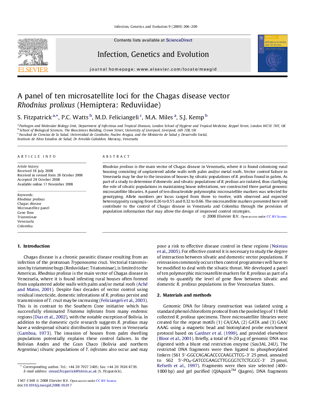 A panel of ten microsatellite loci for the Chagas disease vector Rhodnius prolixus (Hemiptera: Reduviidae)