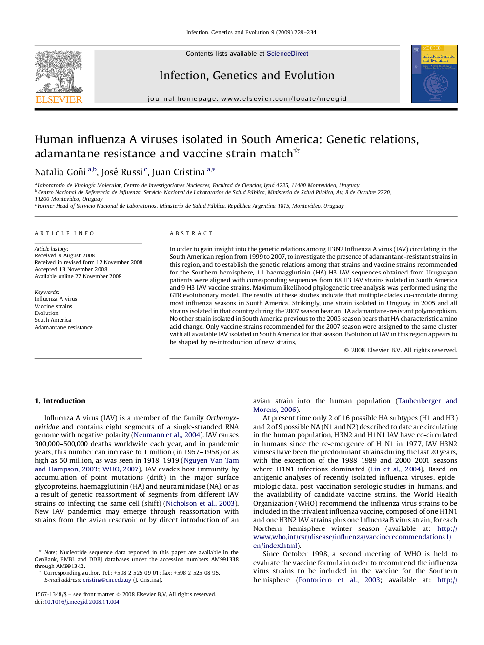 Human influenza A viruses isolated in South America: Genetic relations, adamantane resistance and vaccine strain match