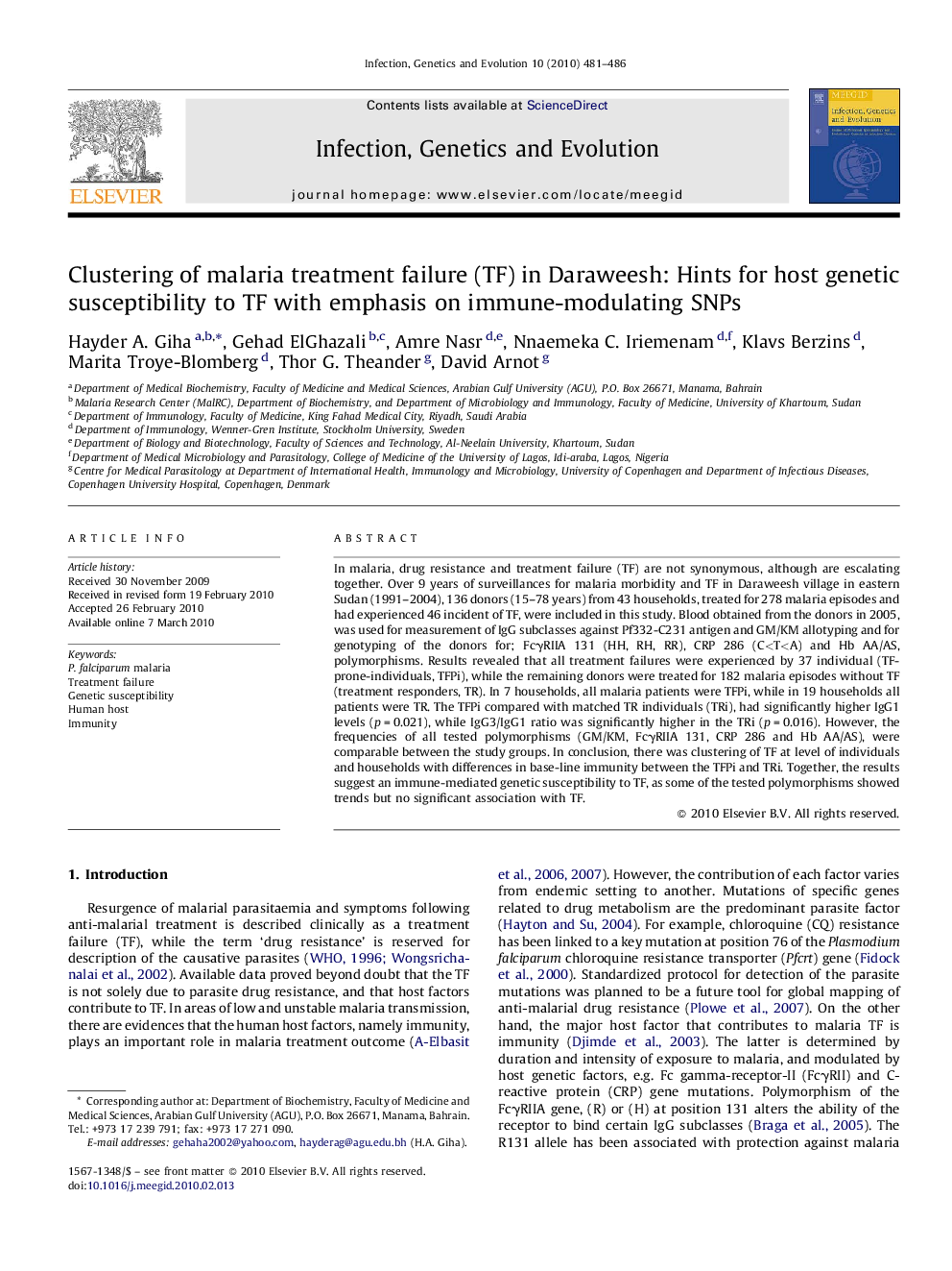 Clustering of malaria treatment failure (TF) in Daraweesh: Hints for host genetic susceptibility to TF with emphasis on immune-modulating SNPs