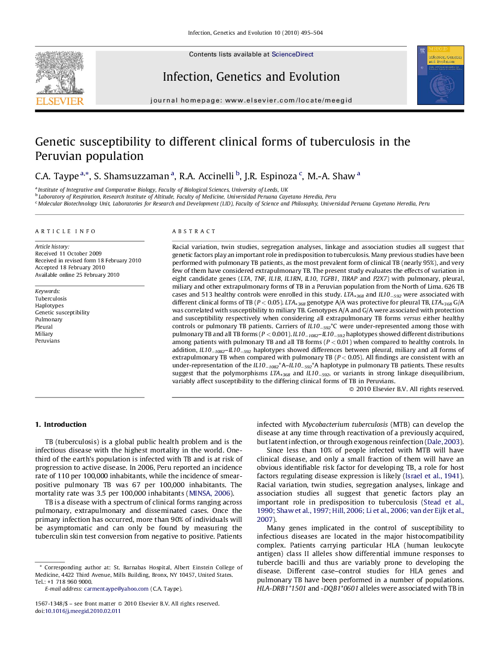 Genetic susceptibility to different clinical forms of tuberculosis in the Peruvian population