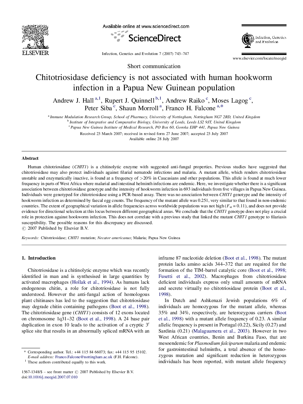 Chitotriosidase deficiency is not associated with human hookworm infection in a Papua New Guinean population