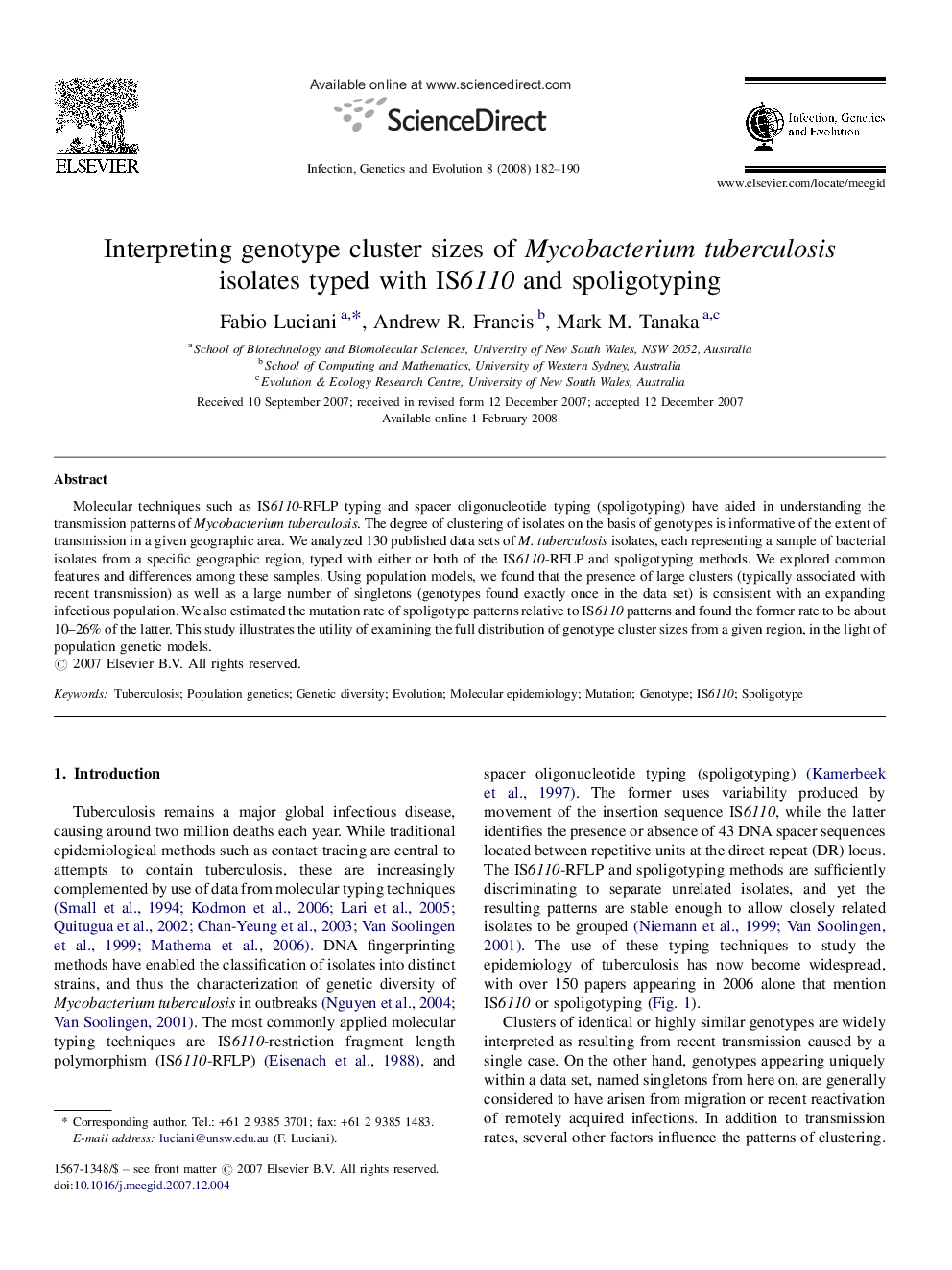 Interpreting genotype cluster sizes of Mycobacterium tuberculosis isolates typed with IS6110 and spoligotyping