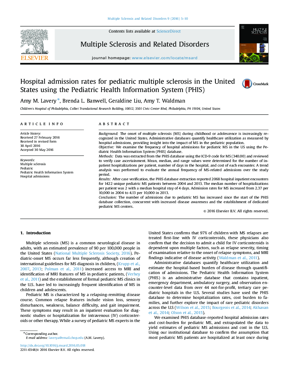 Hospital admission rates for pediatric multiple sclerosis in the United States using the Pediatric Health Information System (PHIS)