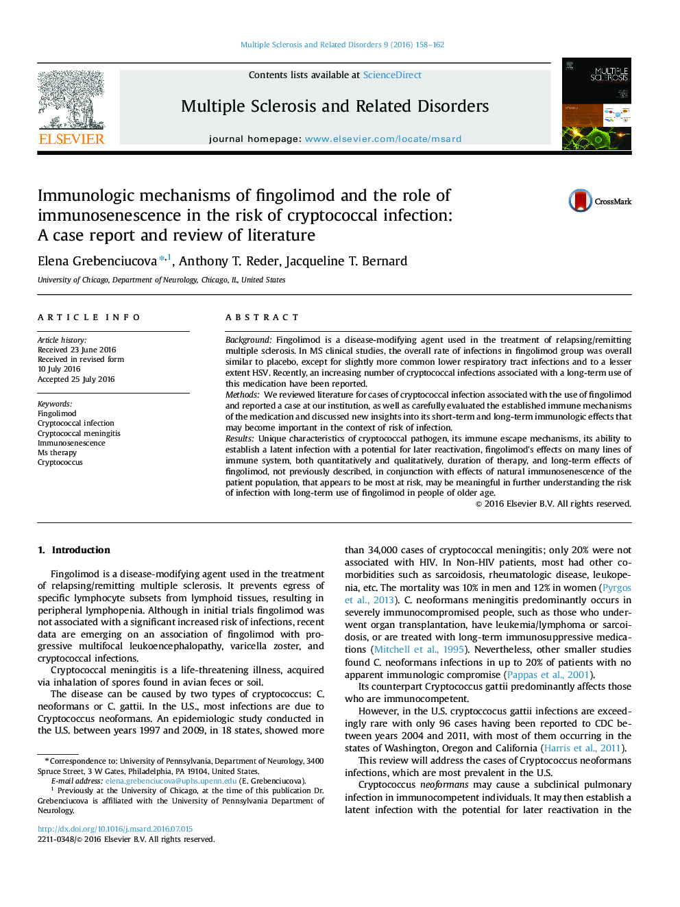 Immunologic mechanisms of fingolimod and the role of immunosenescence in the risk of cryptococcal infection: A case report and review of literature