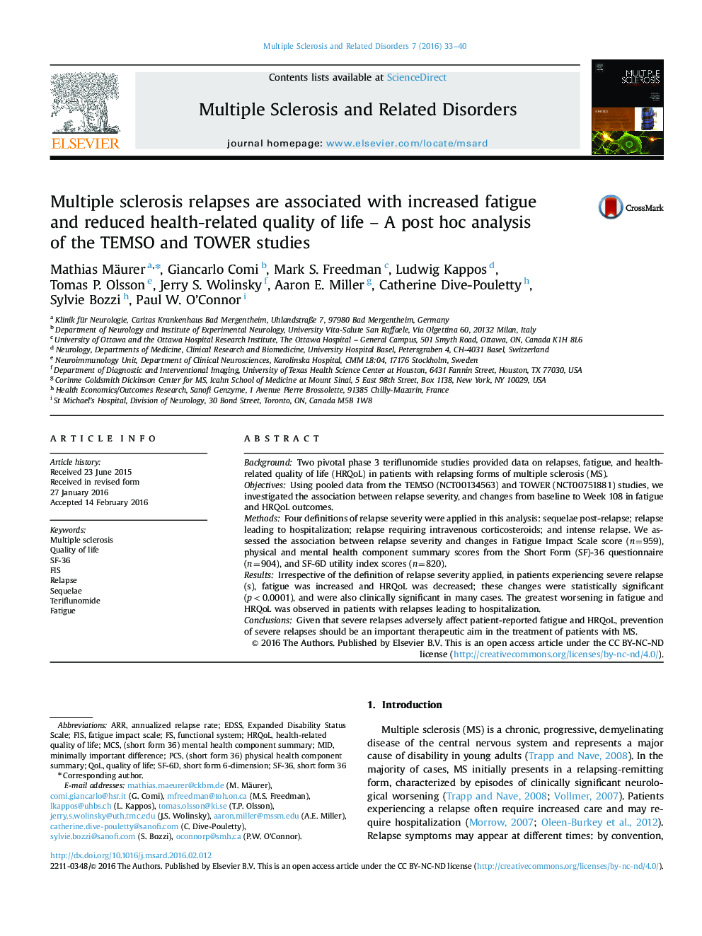 Multiple sclerosis relapses are associated with increased fatigue and reduced health-related quality of life - A post hoc analysis of the TEMSO and TOWER studies