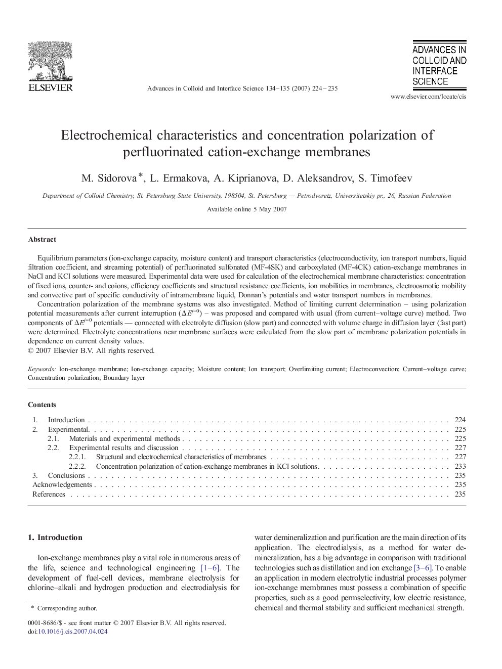 Electrochemical characteristics and concentration polarization of perfluorinated cation-exchange membranes