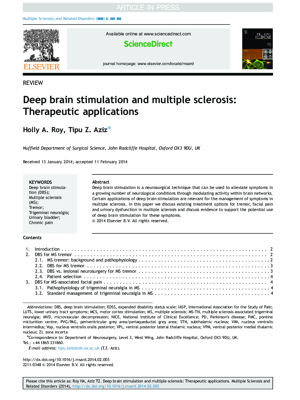 Deep brain stimulation and multiple sclerosis: Therapeutic applications