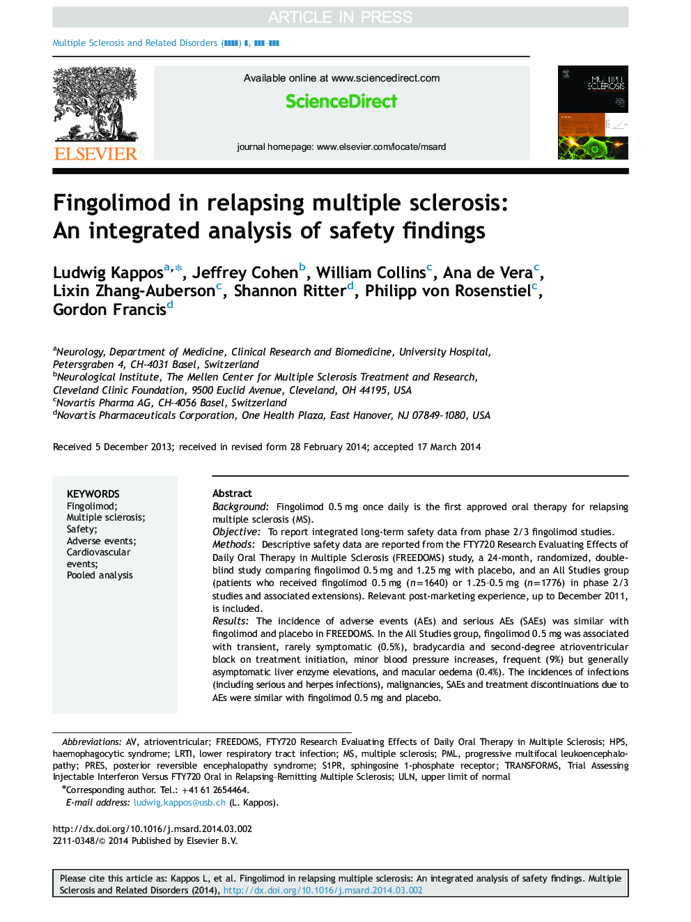 Fingolimod in relapsing multiple sclerosis: An integrated analysis of safety findings