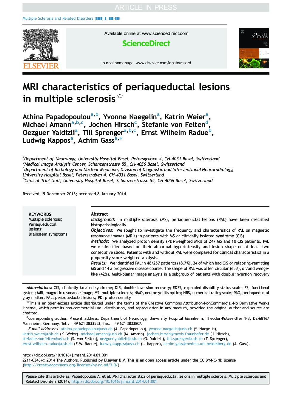 MRI characteristics of periaqueductal lesions in multiple sclerosis