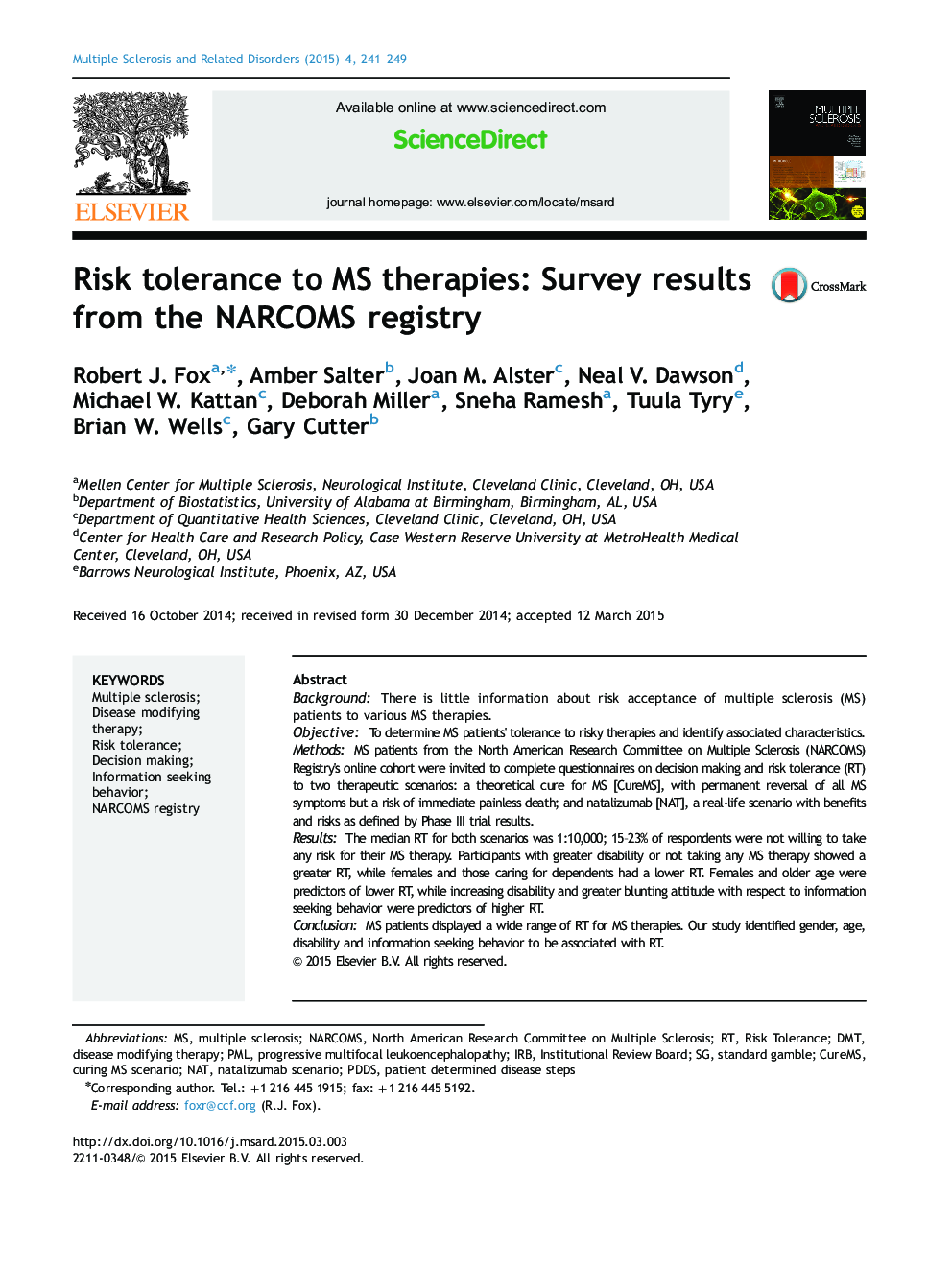 Risk tolerance to MS therapies: Survey results from the NARCOMS registry