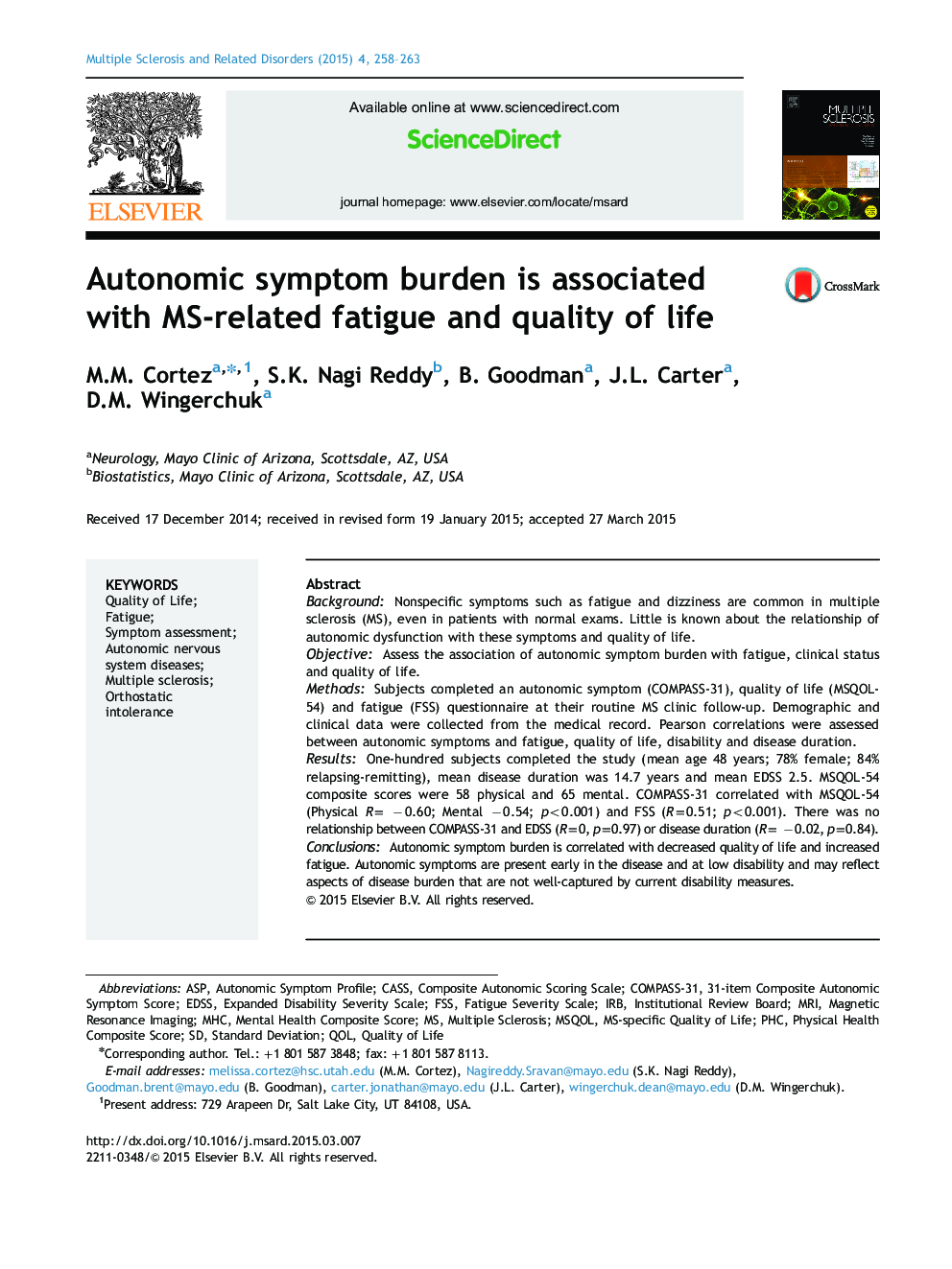 Autonomic symptom burden is associated with MS-related fatigue and quality of life