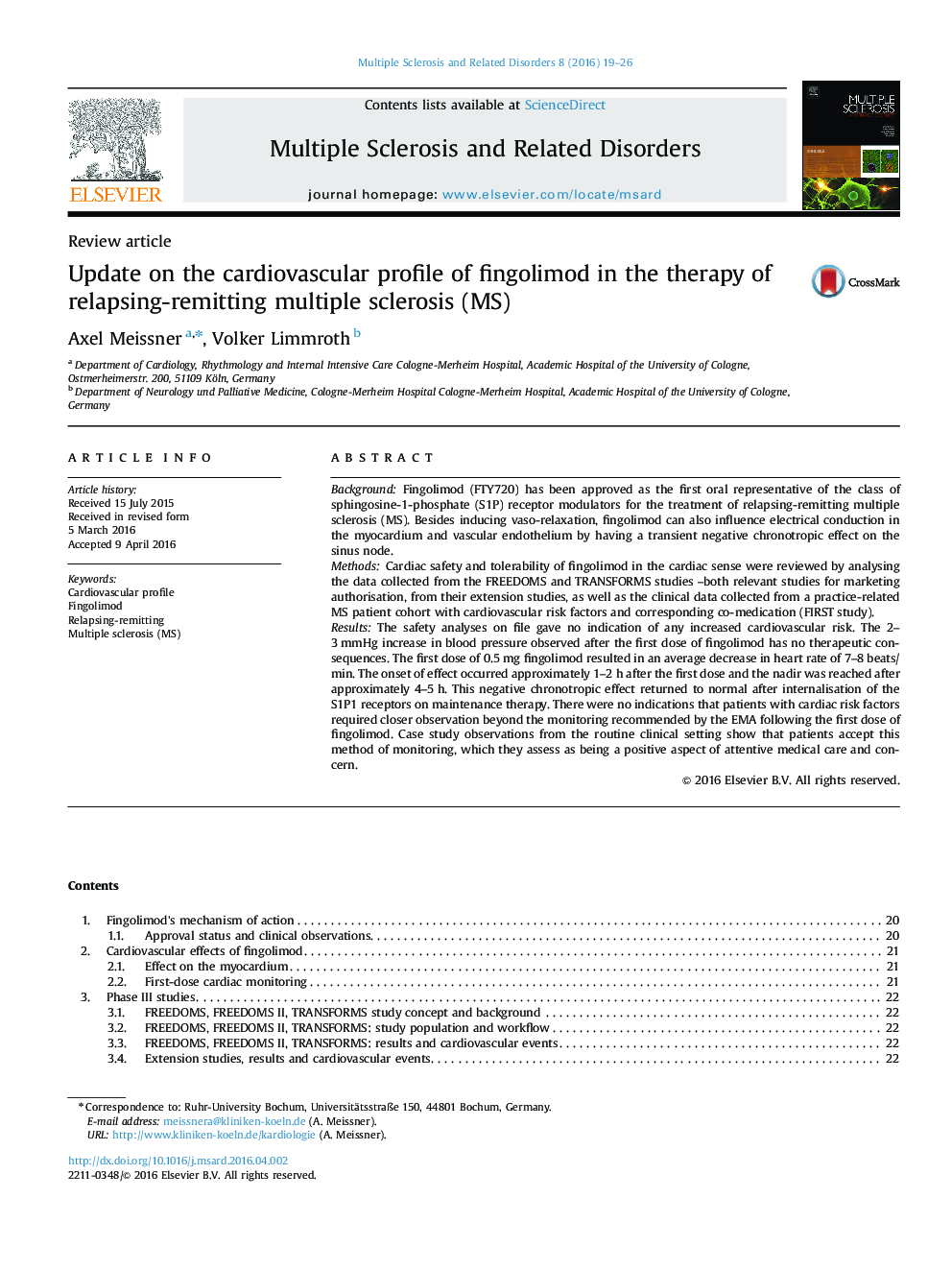 Update on the cardiovascular profile of fingolimod in the therapy of relapsing-remitting multiple sclerosis (MS)