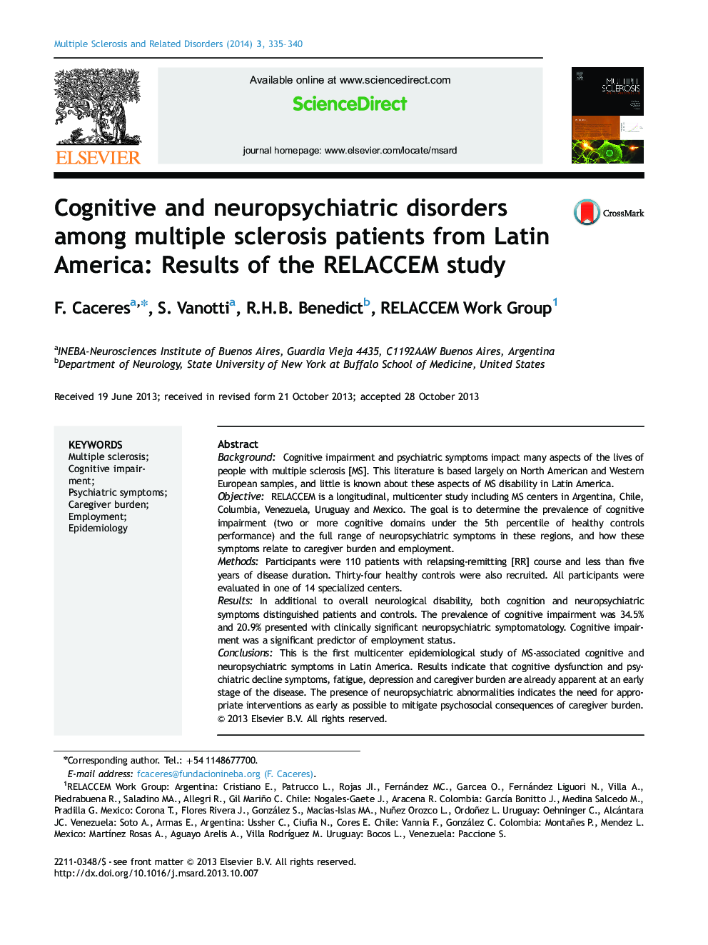 Cognitive and neuropsychiatric disorders among multiple sclerosis patients from Latin America: Results of the RELACCEM study