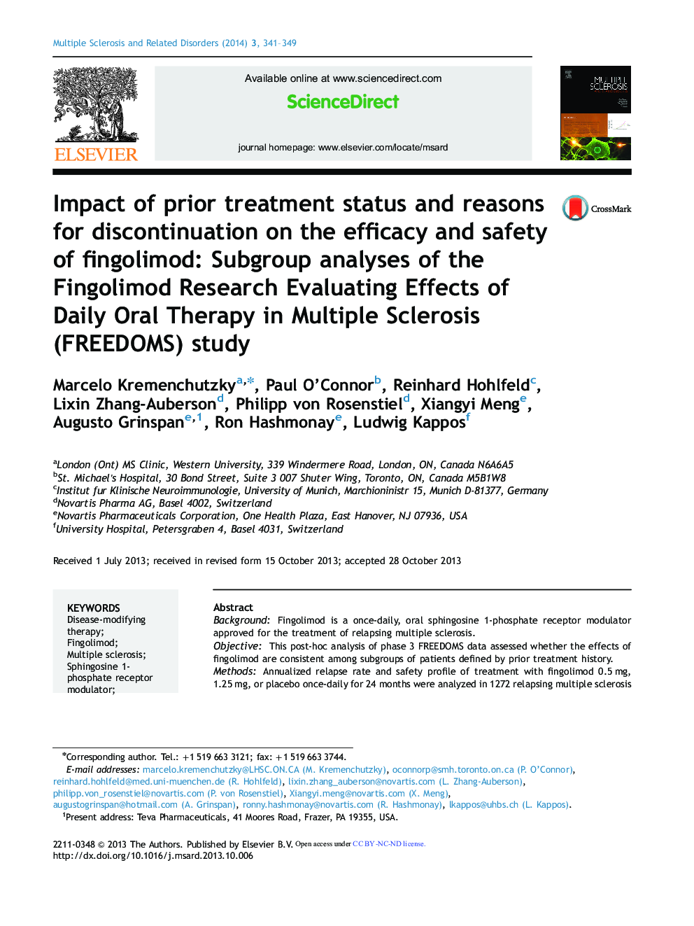 Impact of prior treatment status and reasons for discontinuation on the efficacy and safety of fingolimod: Subgroup analyses of the Fingolimod Research Evaluating Effects of Daily Oral Therapy in Multiple Sclerosis (FREEDOMS) study