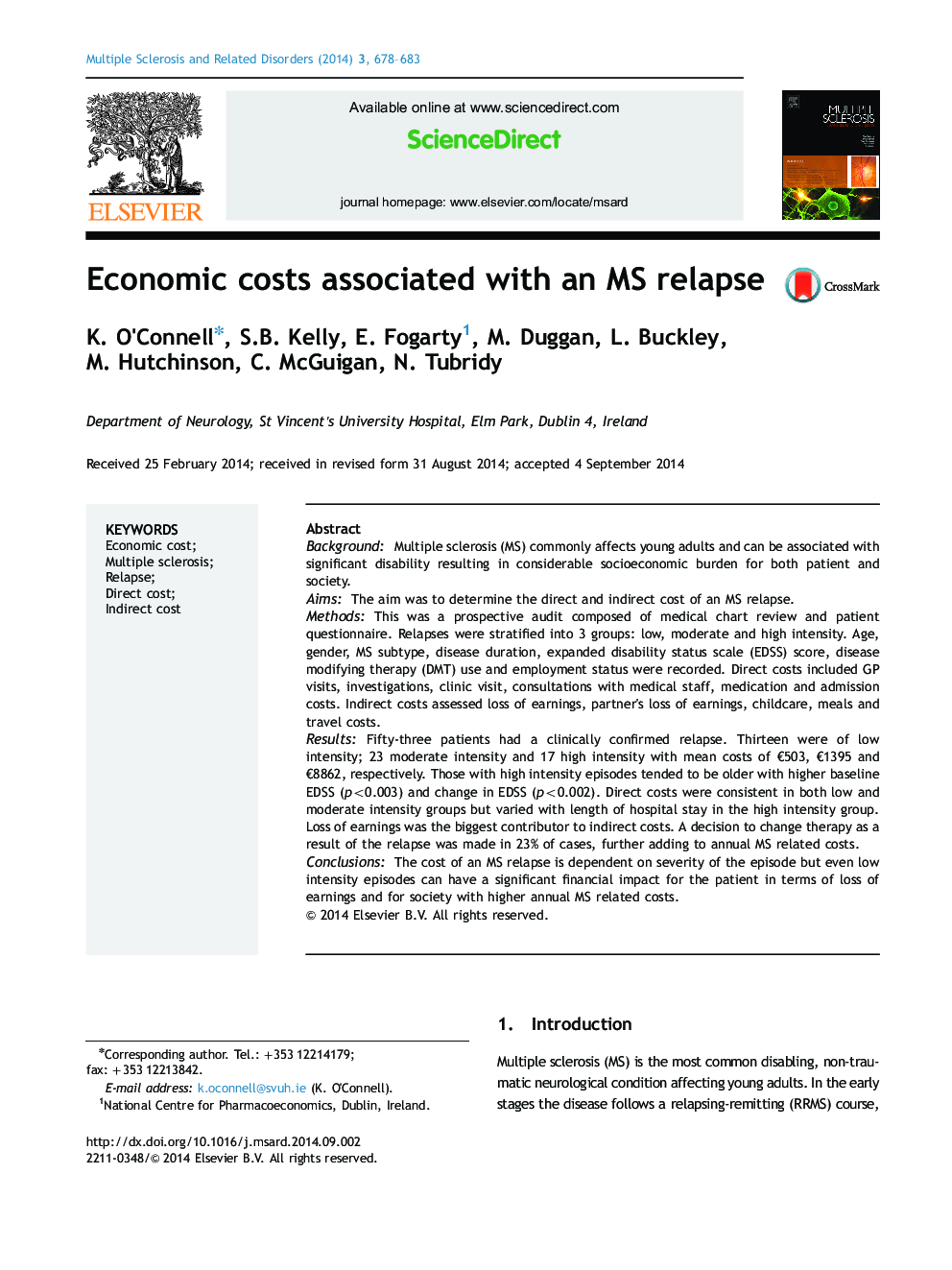 Economic costs associated with an MS relapse