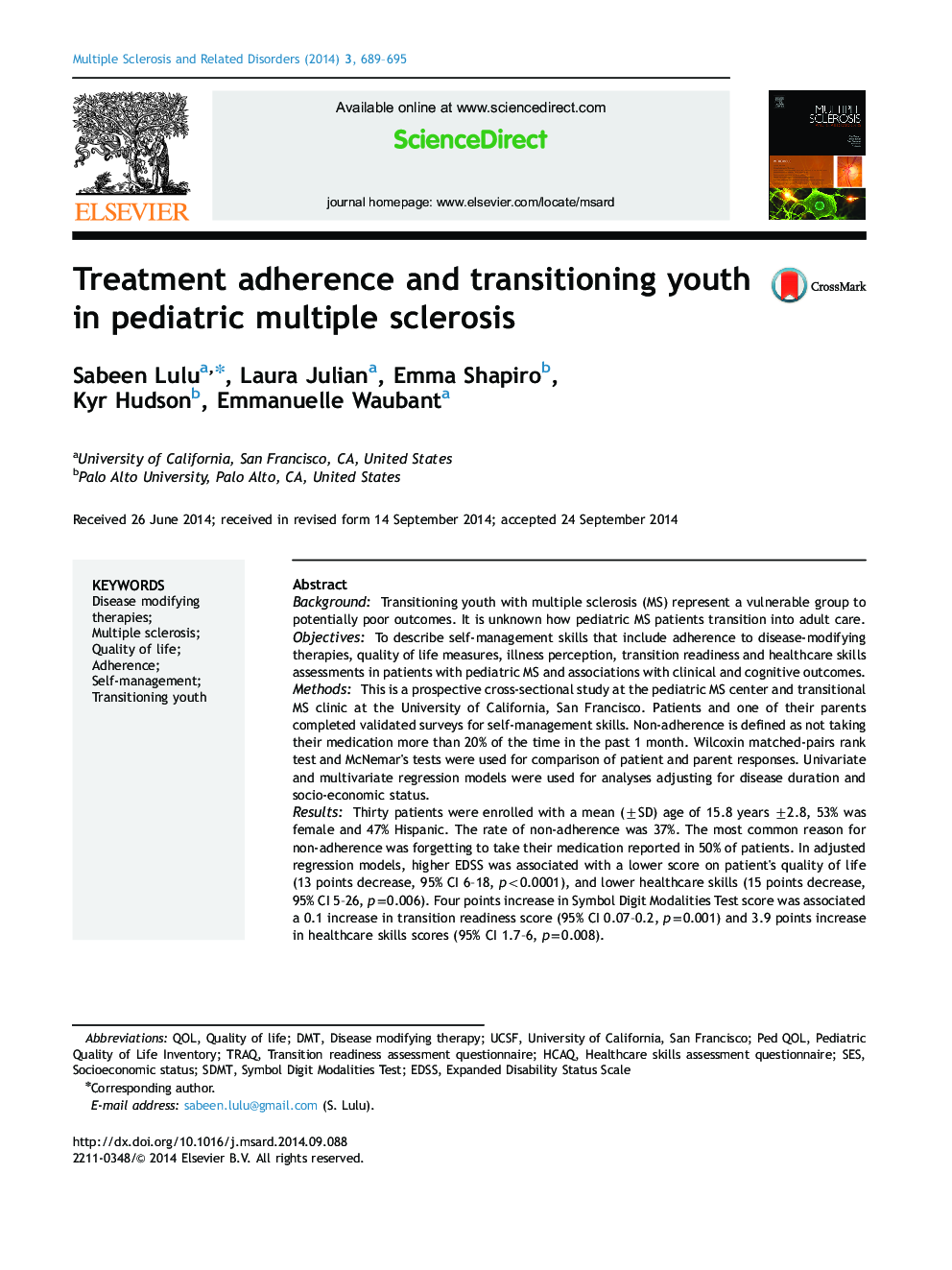 Treatment adherence and transitioning youth in pediatric multiple sclerosis