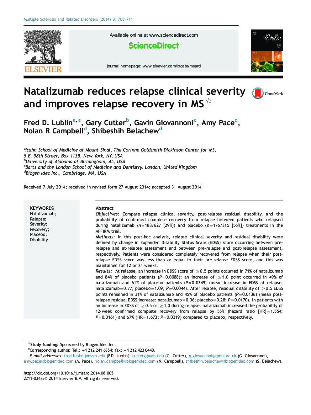 Natalizumab reduces relapse clinical severity and improves relapse recovery in MS