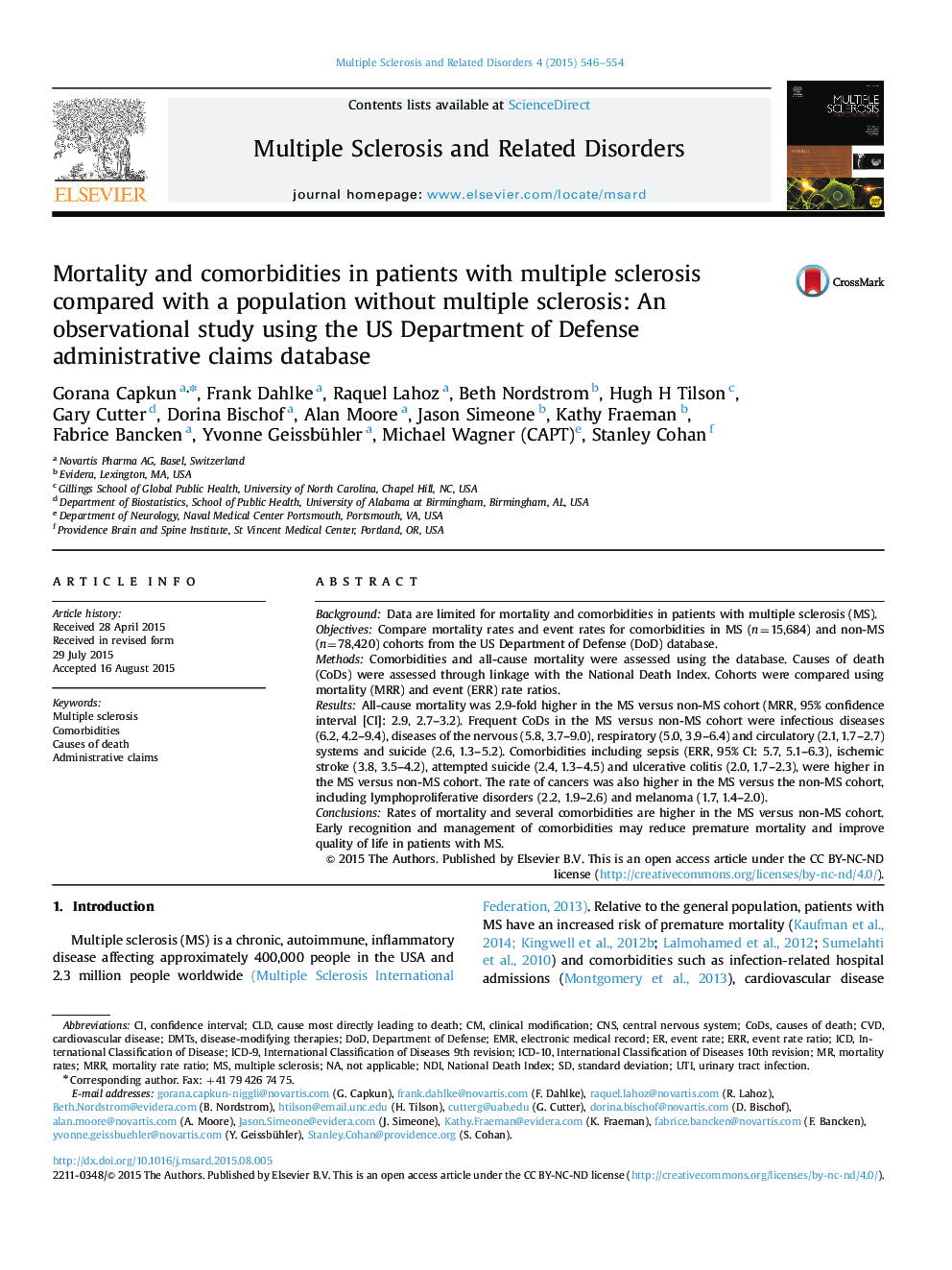 Mortality and comorbidities in patients with multiple sclerosis compared with a population without multiple sclerosis: An observational study using the US Department of Defense administrative claims database