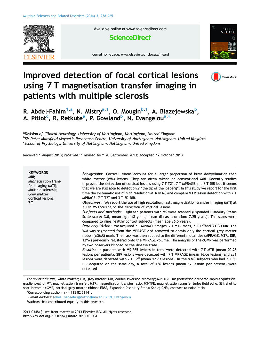 Improved detection of focal cortical lesions using 7Â T magnetisation transfer imaging in patients with multiple sclerosis