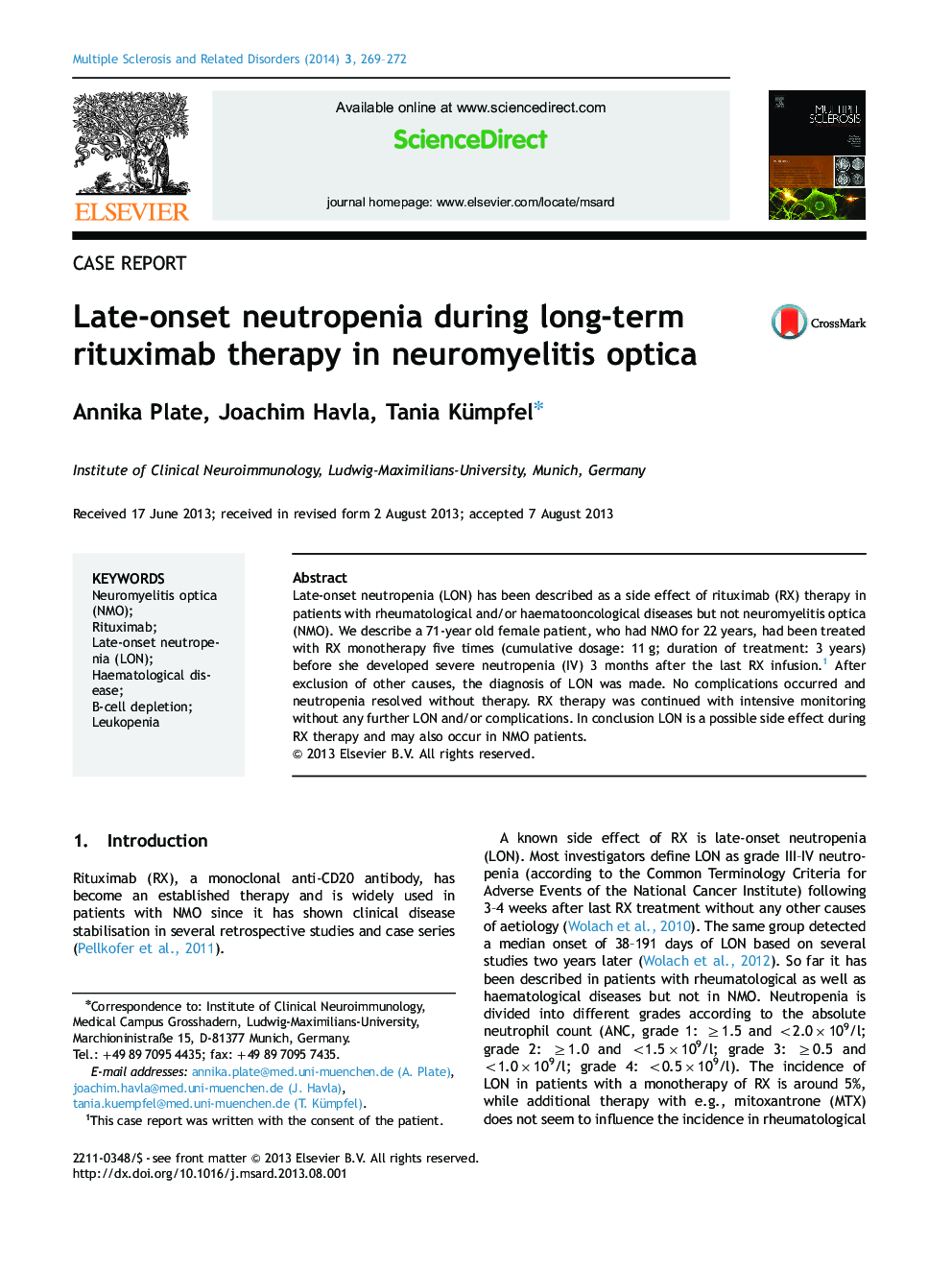 Late-onset neutropenia during long-term rituximab therapy in neuromyelitis optica