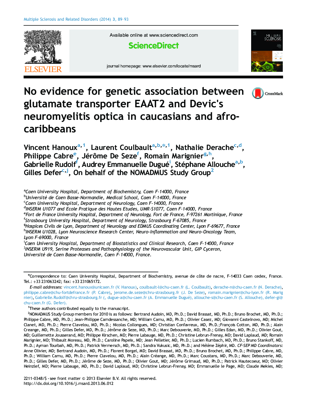 No evidence for genetic association between glutamate transporter EAAT2 and Devic's neuromyelitis optica in caucasians and afro-caribbeans