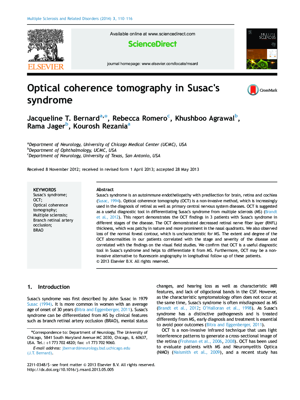 Optical coherence tomography in Susac's syndrome
