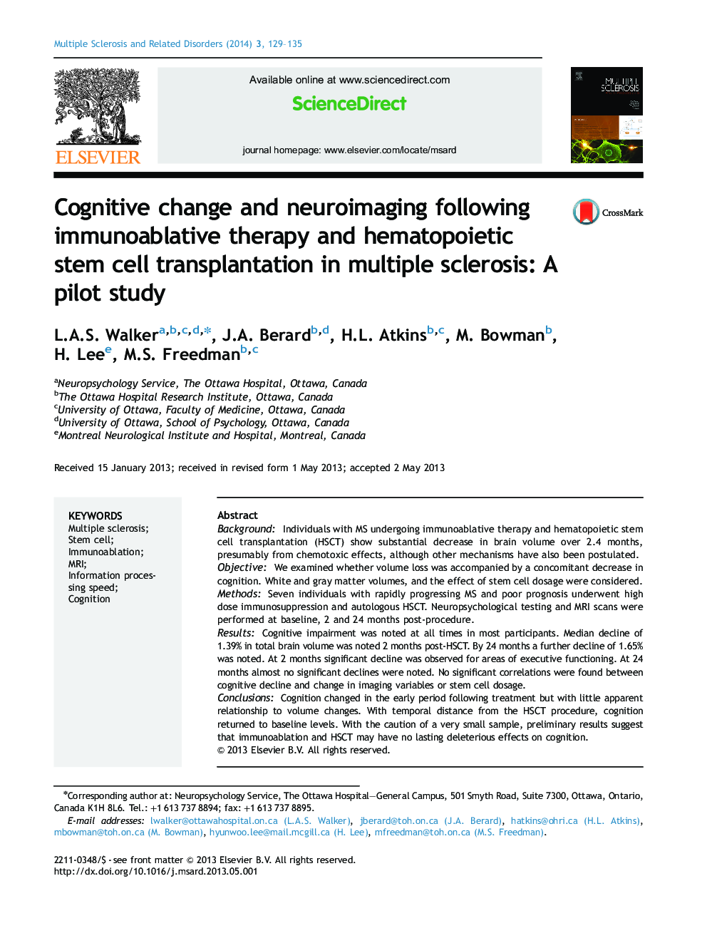 Cognitive change and neuroimaging following immunoablative therapy and hematopoietic stem cell transplantation in multiple sclerosis: A pilot study