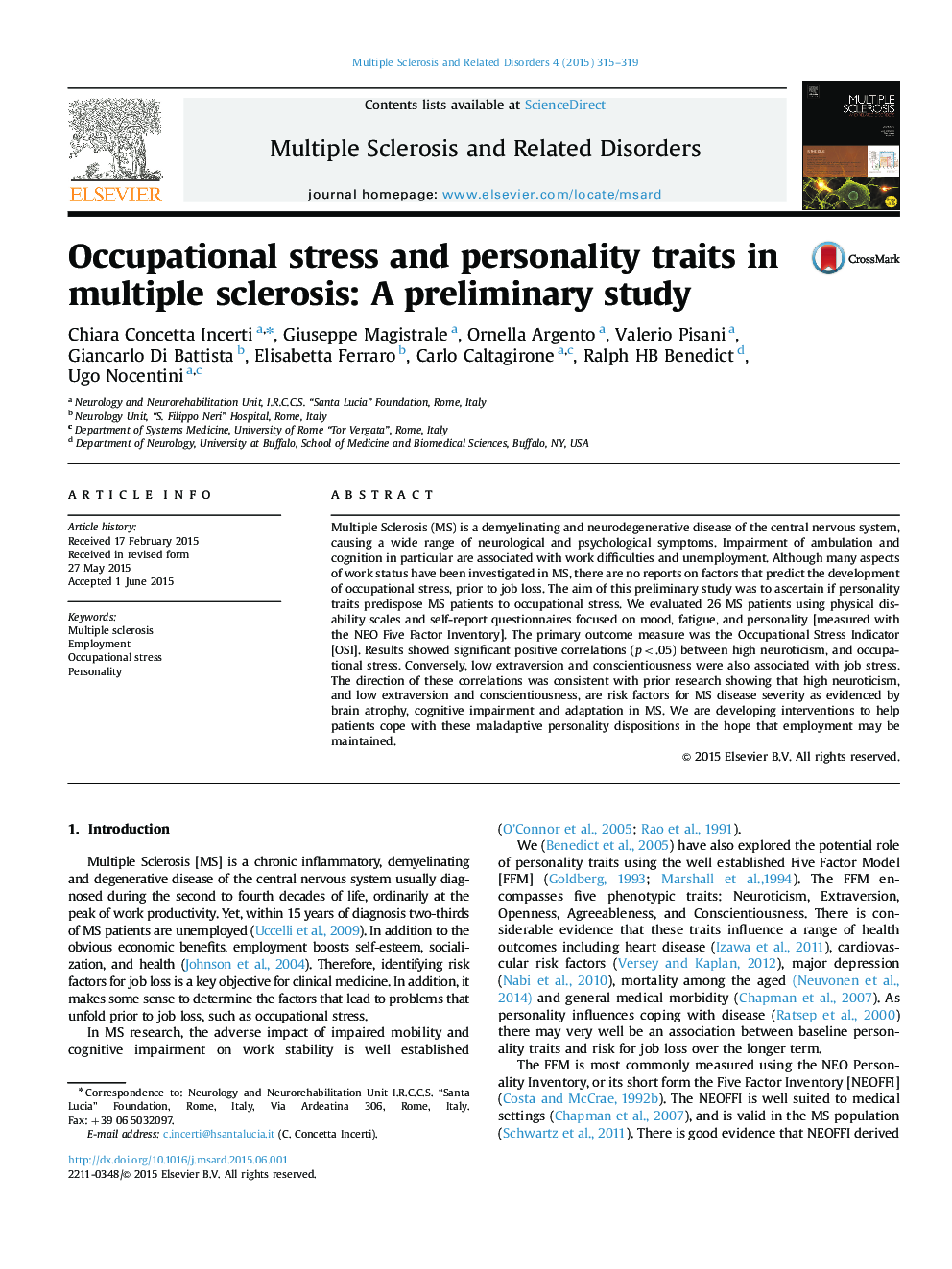 Occupational stress and personality traits in multiple sclerosis: A preliminary study