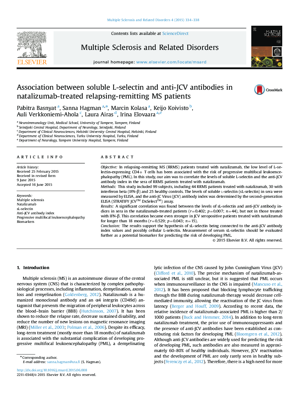 Association between soluble L-selectin and anti-JCV antibodies in natalizumab-treated relapsing-remitting MS patients