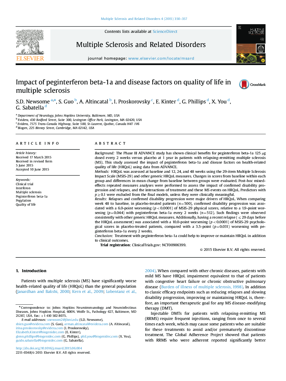 Impact of peginterferon beta-1a and disease factors on quality of life in multiple sclerosis