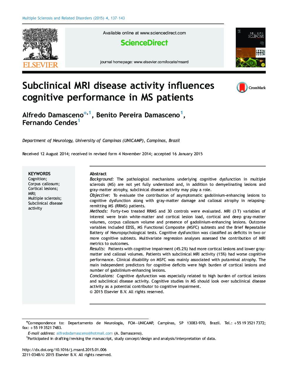 Subclinical MRI disease activity influences cognitive performance in MS patients