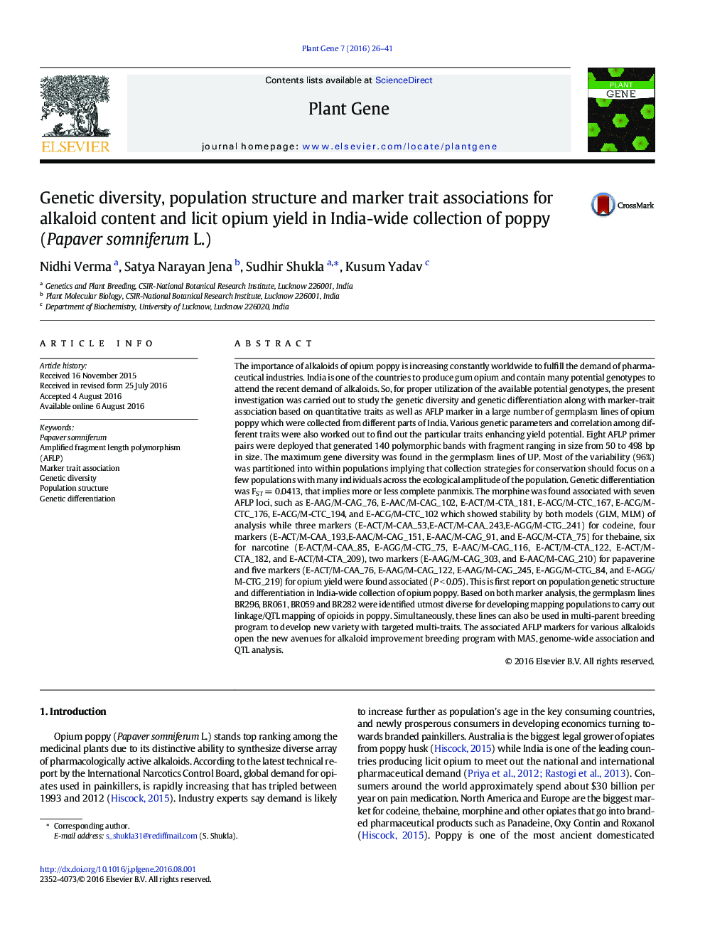 Genetic diversity, population structure and marker trait associations for alkaloid content and licit opium yield in India-wide collection of poppy (Papaver somniferum L.)